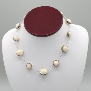 Womens  Silver Tone Chain White Flat Faux Pearl Station Necklace 15 in